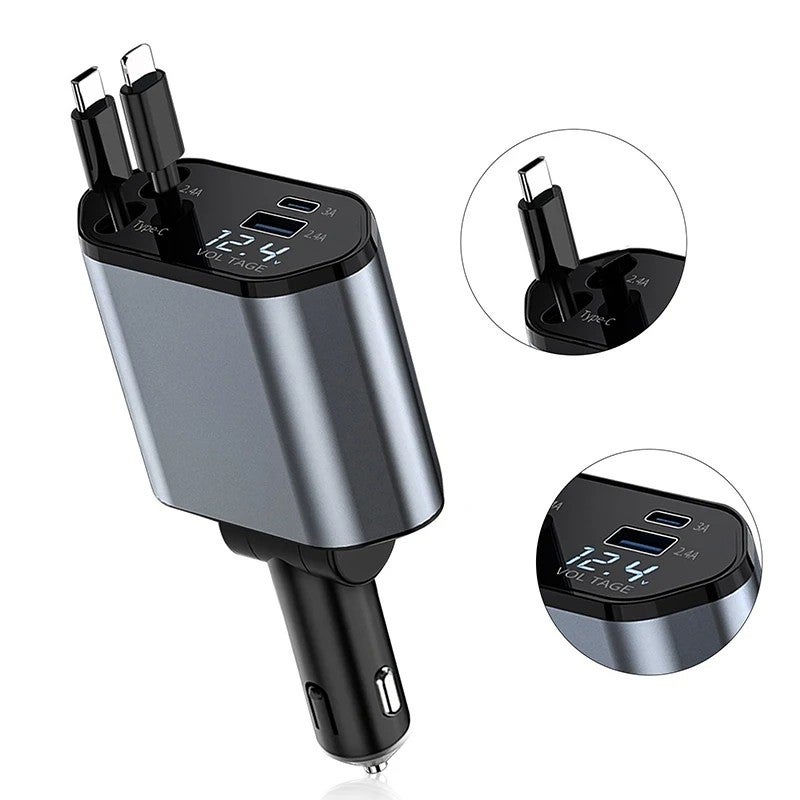 Bluejw 120W Super Fast Car Charger, Retractable USB Type C Charger with LED Voltage Display, 4-in-1 Automobile Charger, QC3.0, OTP Protection, 5V/1A - Image 2